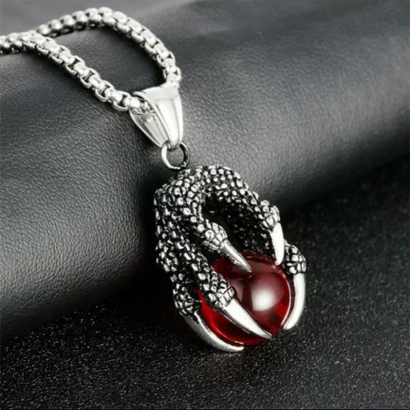 FaithHeart Red Stone Dragon Claw Pendant Necklace for Men  Gothic Dragon Claw Pendant With Chain